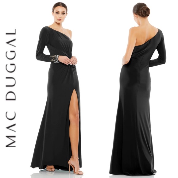 Mac Duggal - One Sleeve Beaded Cuff Side Twist Gown - Black 14 - Picture 1 of 16